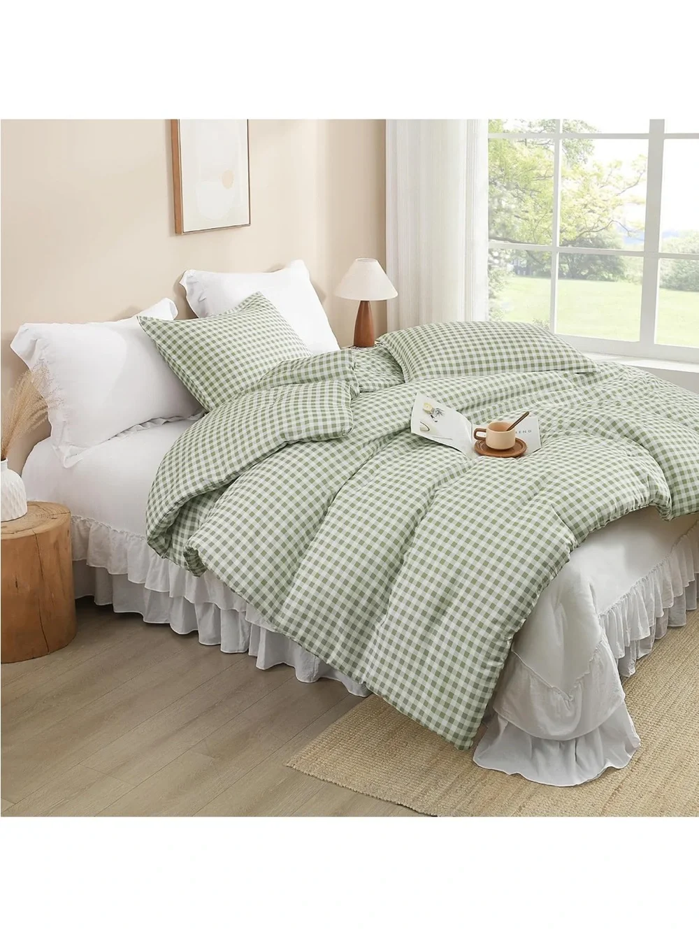 NEW Sage Gingham Comforter Set, Green Checkered, 3 Pieces. Full